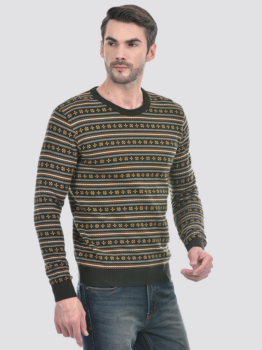 Numero Uno Men Green Striper Round Neck Flat Knitted Sweater